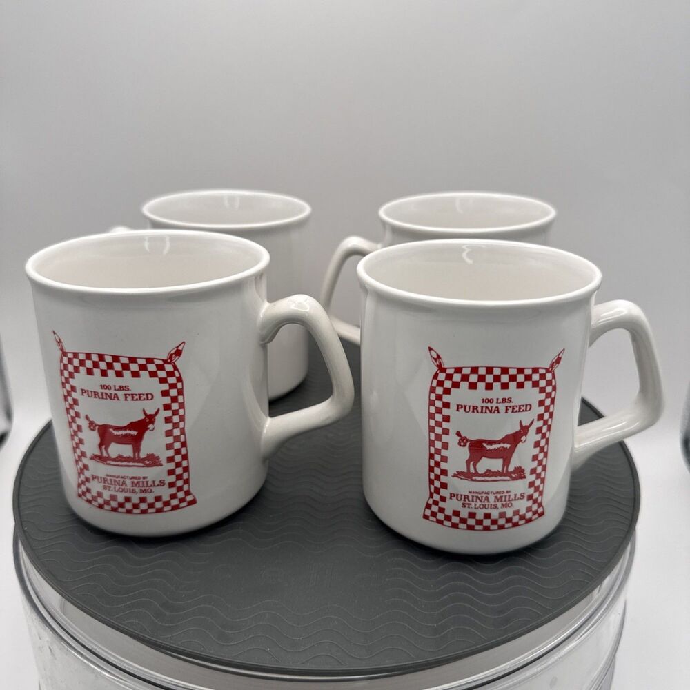 Set 4 VTG Purina Mills Coffee Cups Mugs St Louis MO Feed Sack Donkey Promo